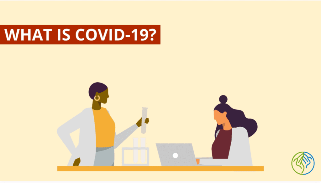 "What is COVID-19?" Art of black female scientist holding test tube with Latina scientist using laptop.