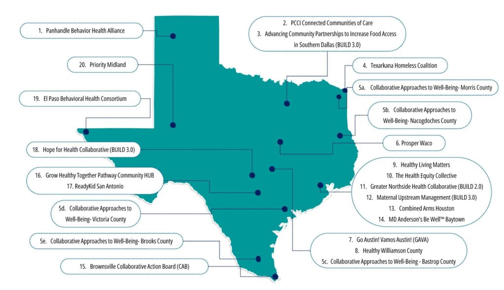 A map of Texas with 20 labeled coalitions. For full list in accessible map, visit aligntexas.texashealthinstitute.org. 